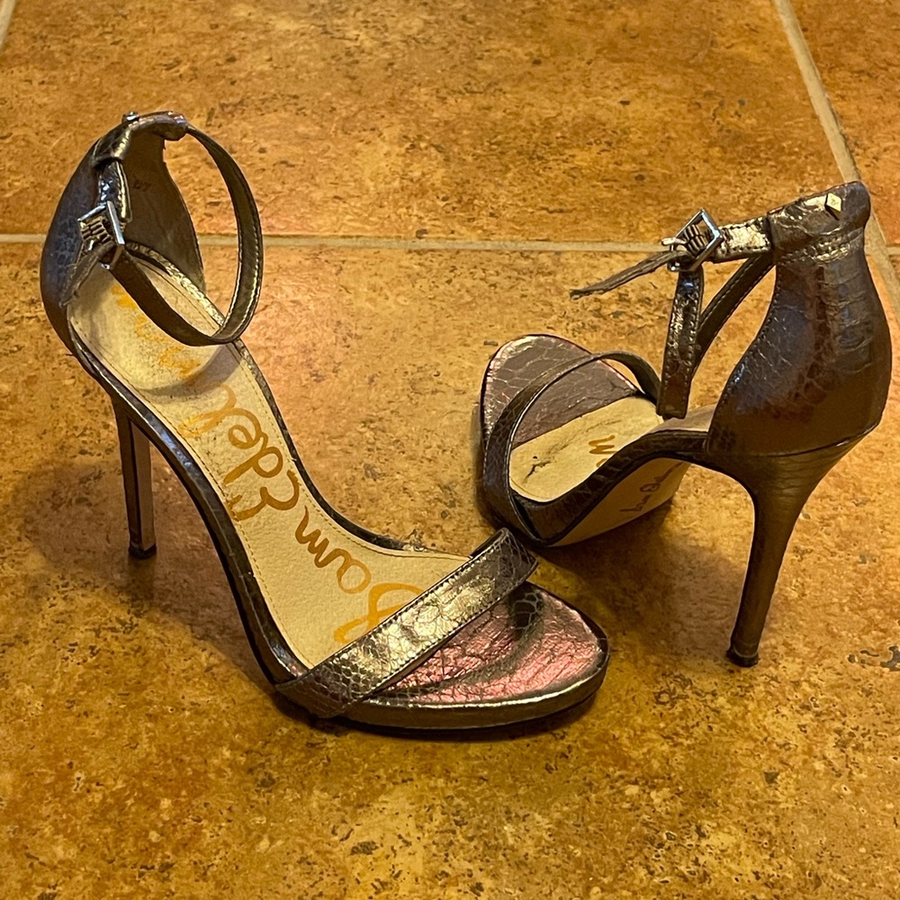 Silver / Pewter / Gunmetal Croc-Embossed High Heel Sandals
